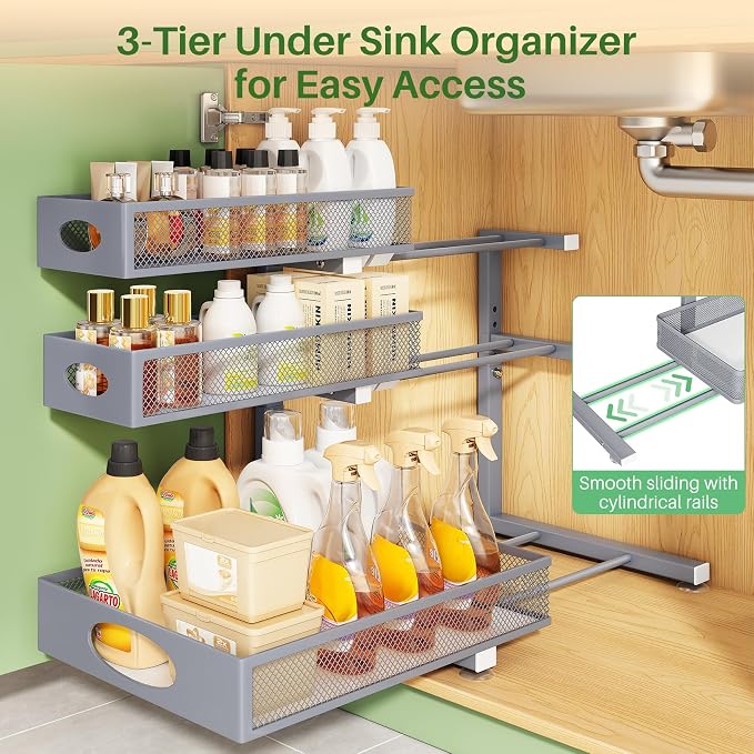 Kitstorack Under Sink Organizer 3-Tier Slide Out Drawer 1-Pack Grey | Height Adjustable, Metal Mesh Storage Rack, Pull out Cabinet Organizer Shelf for Bathroom Kitchen Pantry Home Organization - Image 4