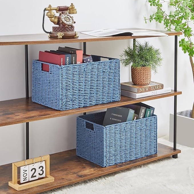 Wicker Storage Basket, Set of 2 Hand-Woven Paper Rope Wicker Basket, Small Storage Baskets for Organizing Toilet Paper Basket, Foldable Large Cube Storage Organizer Bins for Shelves (Blue) - Image 3