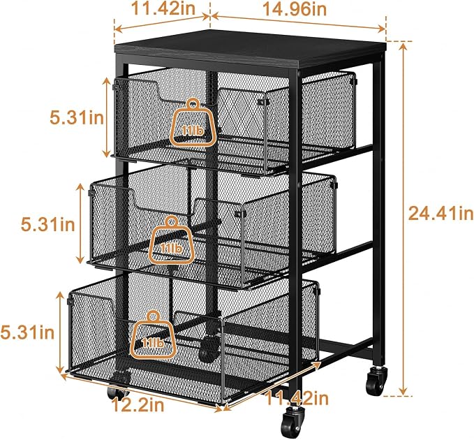 Pantry Organizer and Storage Cart, 3-Tier Kitchen Storage Cart with Drawer, Fruit Vegetable Storage Cart with Wheels, Wooden Top Metal Wire Kitchen Organizer Rack Stand for Food Snack Onion Potato - Image 6