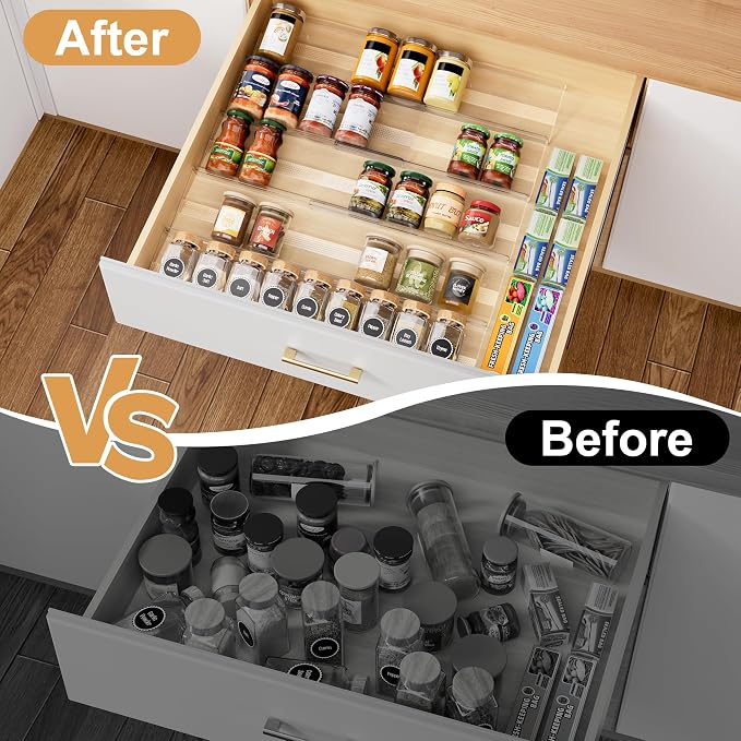 10-Pack Adjustable Spice Drawer Organizer, Expandable Seasoning Rack Tray (13" to 26"), Acrylic Insert with Anti-Slip Mat for Kitchen Cabinet (Jars Not Included) - Image 3