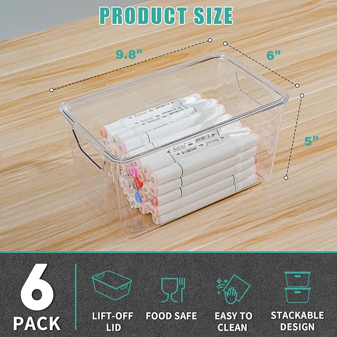 6 Pack Medium Clear Storage Bins with Lids, Acrylic Arts and Craft Storage Containers, Stackable Clear Plastic Craft Storage Bins with Handles for Classroom Storage Organization,Kitchen, Fridge,Office - Image 2