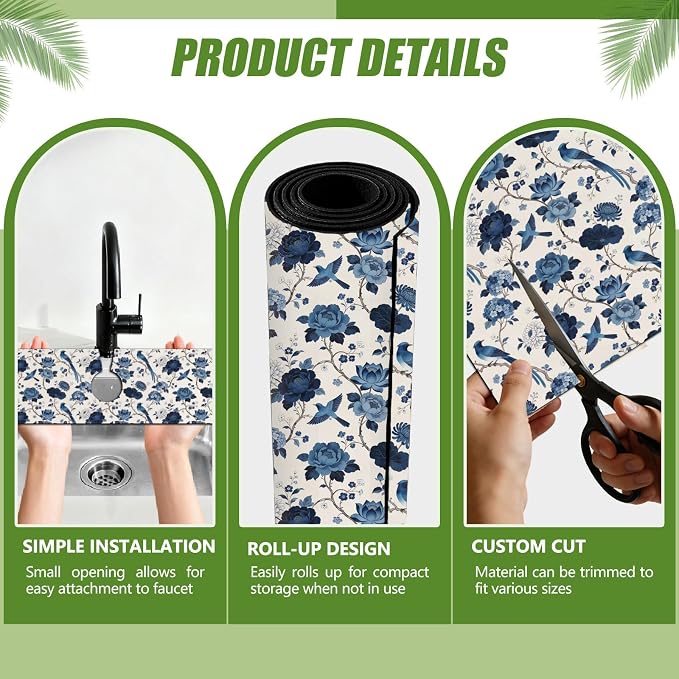 3 Pcs 2 Size Kitchen Sink Splash Guard Faucet Mat Blue Flowers and Birds Pattern Faucet Mats for Sinks Vintage Flower Absorbing Drying Mat for Kitchen Bathroom - Image 3