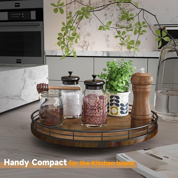 AMH 13-Inch Farmhouse Oak Lazy Susan Organizer, Walnut Finish | Smooth rotating oak tray with walnut finish for dining tables, kitchen counters, pantries and cabinet storage. - Image 2