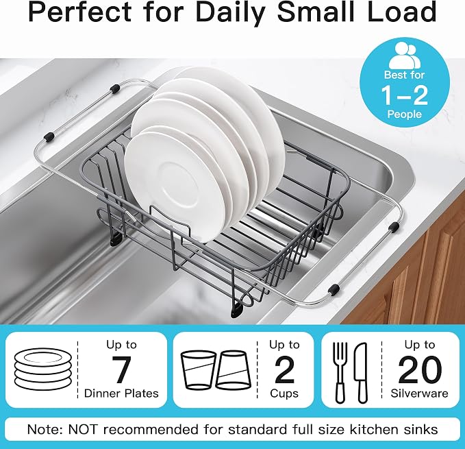 JASIWAY Gray Dish Drying Rack in Sink with Utensil Holder, RV, Apartment | Over Sink Expandable Stainless Steel Dish Drainers for Compact Kitchen, Space Saving, Fast Drain, Rustproof, For 1-2 people - Image 5