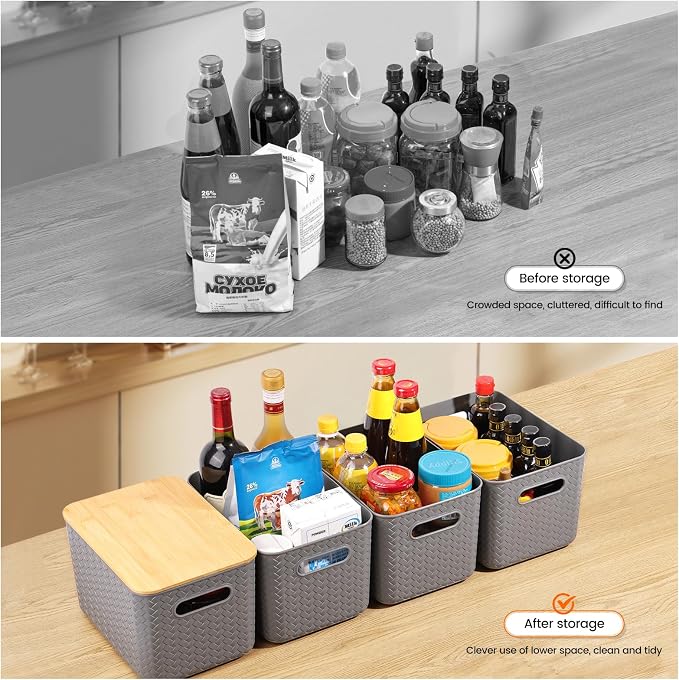 Ohmlove 4 Pack Storage Bins with Bamboo Lids,Stackable Box for Organization | Plastic Storage Containers with Handle, Storages Baskets for Organizing Desktop Closet Playroom Classroom Office, Gray - Image 4