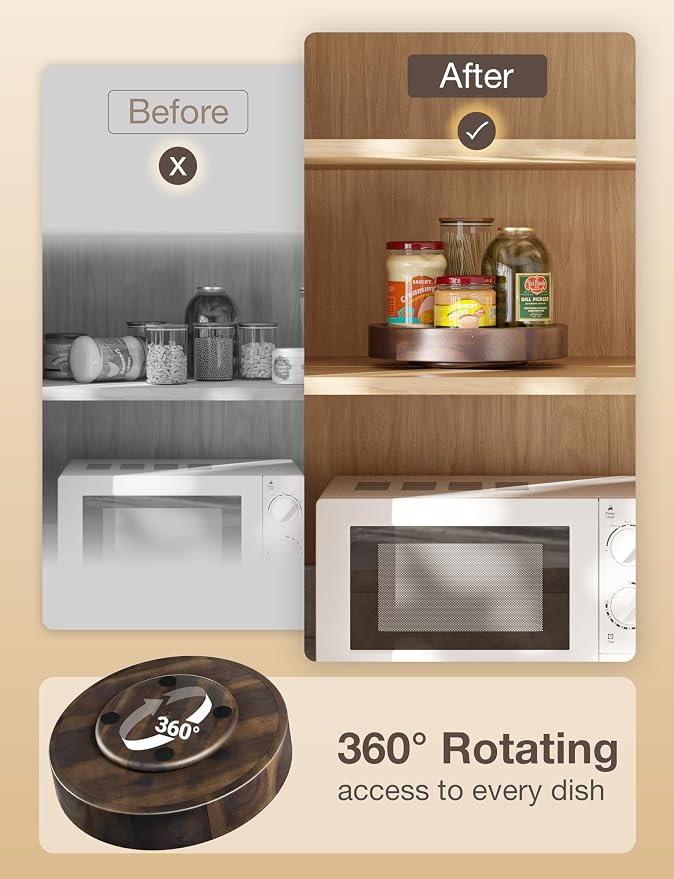 TIDITA 10" Rotating Wooden Lazy Susan Organizer for Cabinet (Walnut Color) | 360° Rotation, Solid Acacia Wood, Non-Skid Pads, Swivel Round Lazy Susans Turntable for Countertop, Decorative Tray & Board - Image 2