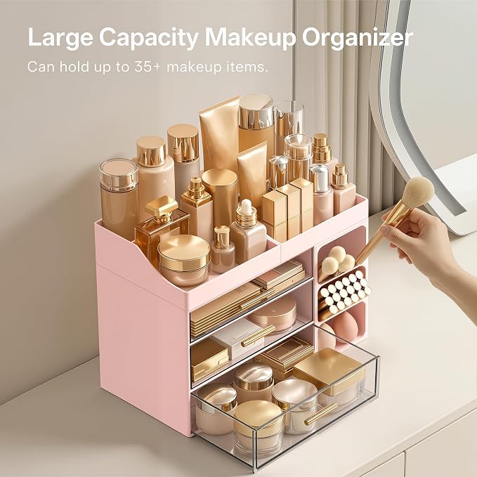 HBlife Makeup Organizer Countertop with Brush Holder,Large Bathroom Counter Organizer with Drawers,Skincare Organizers for Vanity,Plastic Dresser Organizer Storage Gift for Women Girl Mom,Pink - Image 2