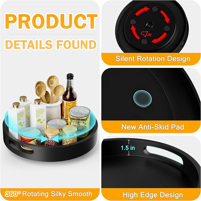 Lazy Susan Organizer Homerays 13 Inch Non-Skid Bamboo Lazy Susan for Kitchen Rotating Spice Rack with Handles, Wood Turntable for Kitchen Cabinet,Countertop (Black, Large) - Image 6