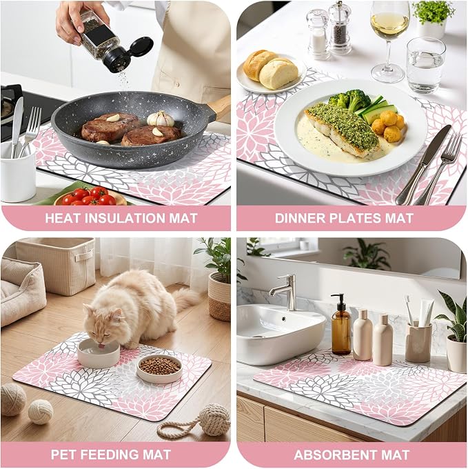 Findosom Dish Drying Mat, 12" x 20" Super Absorbent Dish Mat with Floral, Hide Stain Drying Mat for Kitchen Counter, Under Dish Rack, Coffee Maker, Espresso Machine, Pink - Image 9