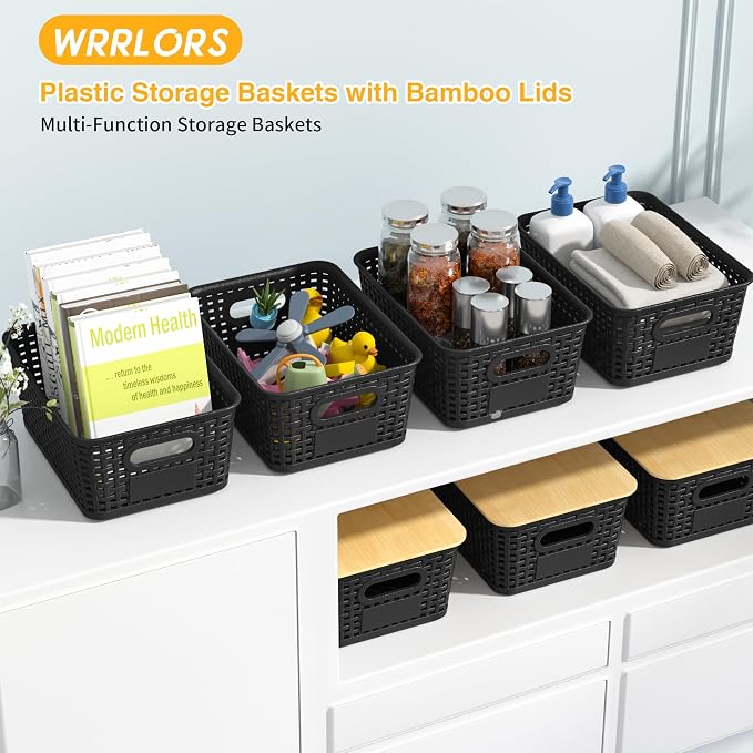 6 Pack Plastic Storage Baskets, Black bamboo lid storage Box | Labels, Stackable, For Organizing Shelves Pantry Drawers Desktop Closets Organizing Desktop Closet Playroom Classroom - Image 2