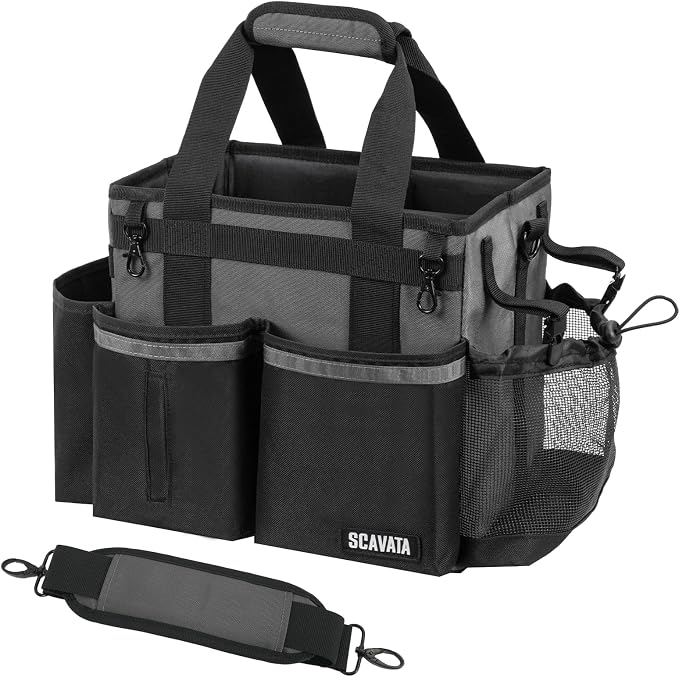 SCAVATA Compact Wearable Cleaning Caddy with Handle & Shoulder Straps | Small Cleaning Supplies Organizer, Under Sink & Car Cleaning Tools Storage Bag for Housekeepers Cleaners, DarkGrey by Tidyyourlife