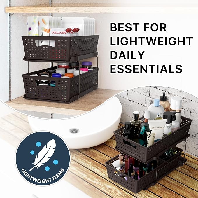 Simple Houseware 2 Tier Pull-Out Sliding Drawer Under Sink Storage, Brown | Great for Kitchen Bathroom Tray Shelf Organizer - Image 8