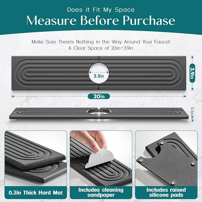 Diatomite Stone Sink Candy - Instant Dry Stone Sink Tray around Faucet, Prevents Moisture Buildup - Faucet Splash Guard for Bathroom Counter (Dark Grey, 20" x 3.9") - Image 2