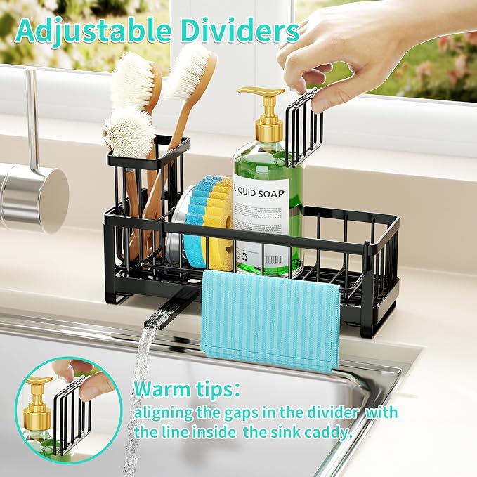 HapiRm Sponge Holder for Kitchen Sink - Self-draining Sink Caddy with Brush and Dishcloth Holders, Stainless Steel Kitchen Countertop Organizers and Storage Essentials - Black - Image 4