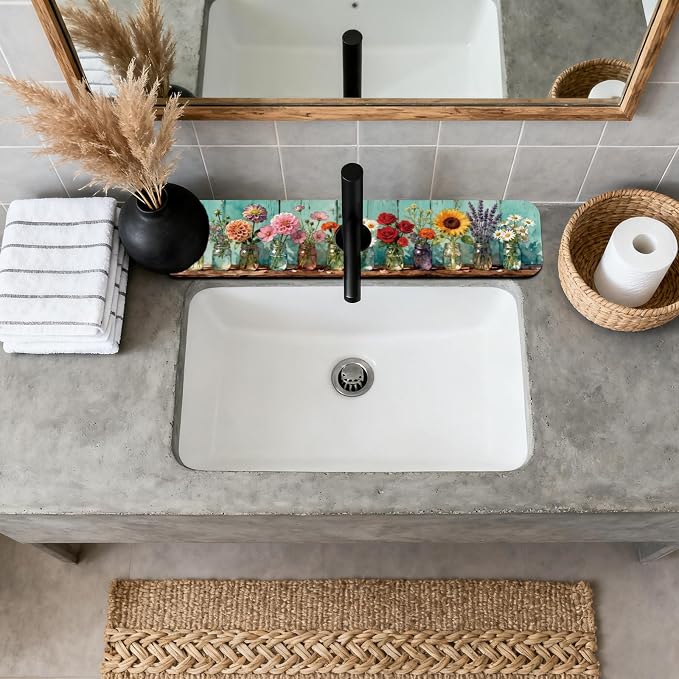 2 Pcs Kitchen Sink Splash Guard Faucet Mat Colored Glass Vases with Plants Pattern Faucet Mat for Sinks Roses Absorbing Drying Mat for Kitchen Bathroom, 23.6x5.5inch - Image 3