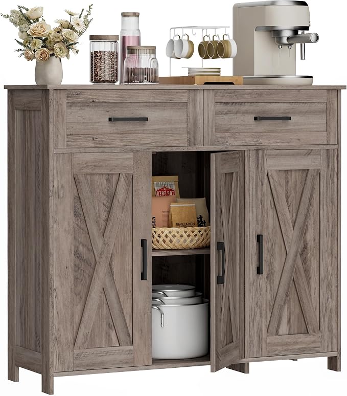 Homhedy Coffee Bar Storage Cabinet with Drawers, Kitchen Buffet Cabinet | Sideboard Cabinet with Doors, Farmhouse Buffet Cabinet, Adjustable Shelves, for Kitchen / Dining / Living Room, Greige - Image 3