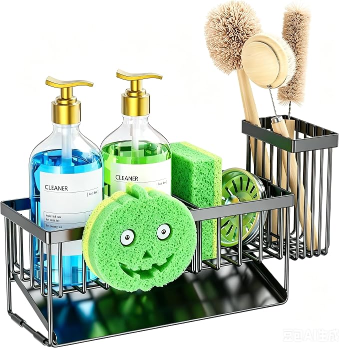 Cisily 9.25'' ponge Holder for Kitchen Sink, Smiley Face Sink Caddy with Removable Brush Holder,Self-Draining Sponge Caddy for Sponge,Soap,Dish Brush,Scrubber,Kitchen Essentials and Gadgets - Image 6