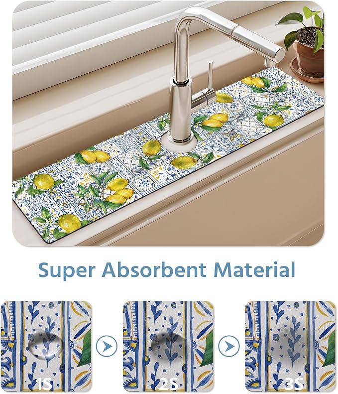 Patterned Sink Faucet Mat Kitchen Splash Guard Super Absorbent Drying Mat, Non-Slip Drain Pad for Kitchen Counter or Bathroom-24x5.5in - Image 5