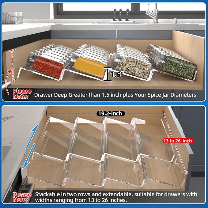 MIUKAA Clear Acrylic Spice Drawer Organizer, 4 Tier- 2 Set Expandable From 13" to 26" Drawer Seasoning Organizer, Kitchen Spice Rack Tray for Drawer/Countertop (Jars not included) (Pack of 2) - Image 3