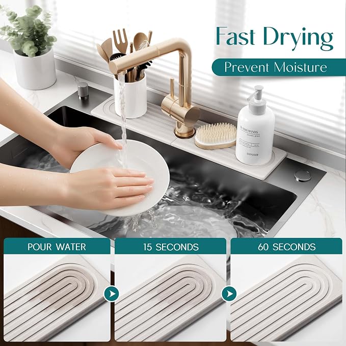 Large Faucet Mat for Kitchen Sink - Stone Drying Mat for Kitchen Counter, Diatomite Fast Drying Stone Sink Tray, Super Absorbent, Stylish Decor and Protector for Bathroom (Light Grey, 23.6" x 5.5") - Image 3