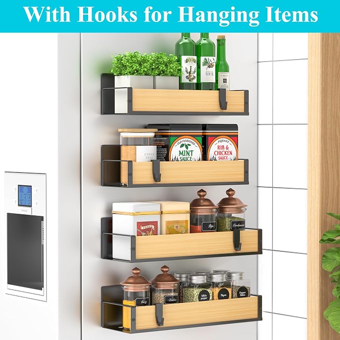 4 Pack Magnetic Spice Storage Rack Organizer for Refrigerator and Oven, Wood Fridge Organizers and Storage | Magnetic Shelves Heavy Duty for Fridge in Kitchen, Seasoning Storage Organizer, For Oven Washer and Dryer, For Heavier Items - Image 2