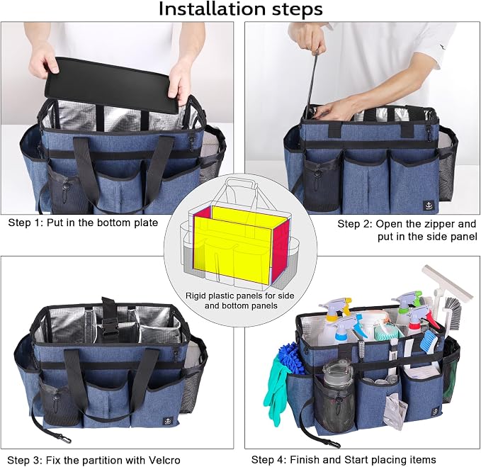 Large Cleaning Caddy Bag Built-in hard plastic sheet Aluminum foil lining | Waterproof nylon, aluminum foil lining, detachable dividers, dual straps for housekeepers - Image 7