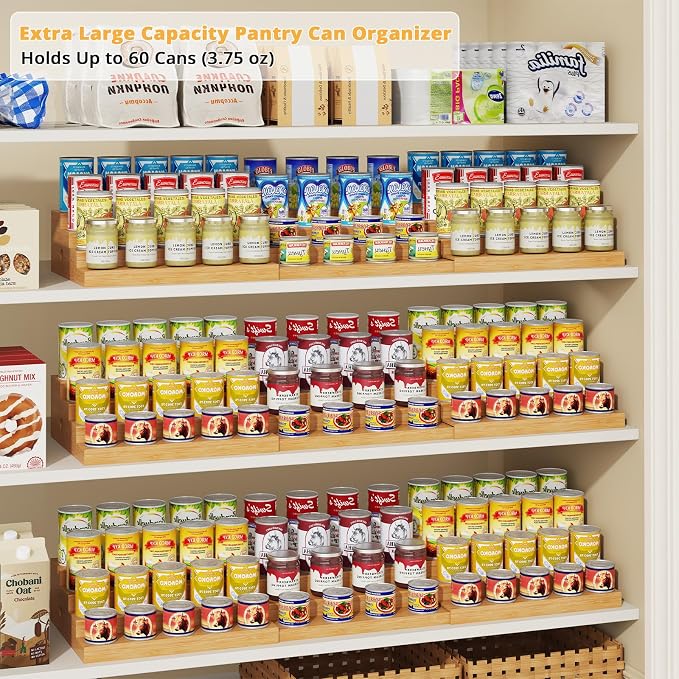 4-Tier Extra-Long Expandable Can Rack, Adjustable Bamboo Organizer for Pantry, Can Storage Holder for Pantry Shelf & Countertop, Large Capacity Holds 60 Cans (3.75oz), Patent Pending - Image 2