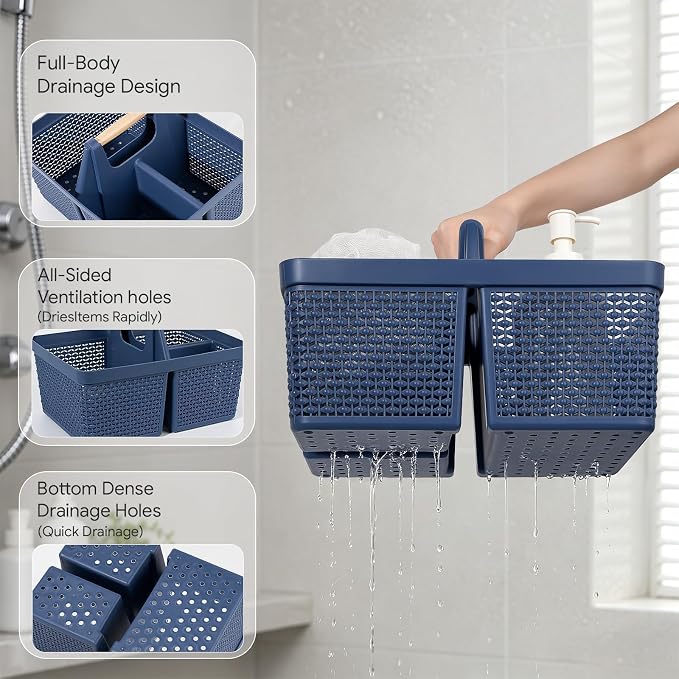 UUJOLY Portable Plastic Shower Caddy Basket with Wooden Handle, Dark Blue | Divided Storage Organizer Tote for Bathroom, Dorm, College, Kitchen & RV – Lightweight, Easy-Carry Essentials Caddy - Image 3