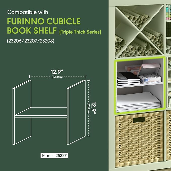Furinno Cubicle H-Shelf Cube Insert, 2-Tier Cube Organizer, White | 12.9W x 12.9H, Shelf Accessory, Fits into Furinno Triple Thick Cubes, IKEA Kallax, for Organizers and Storage - Image 3