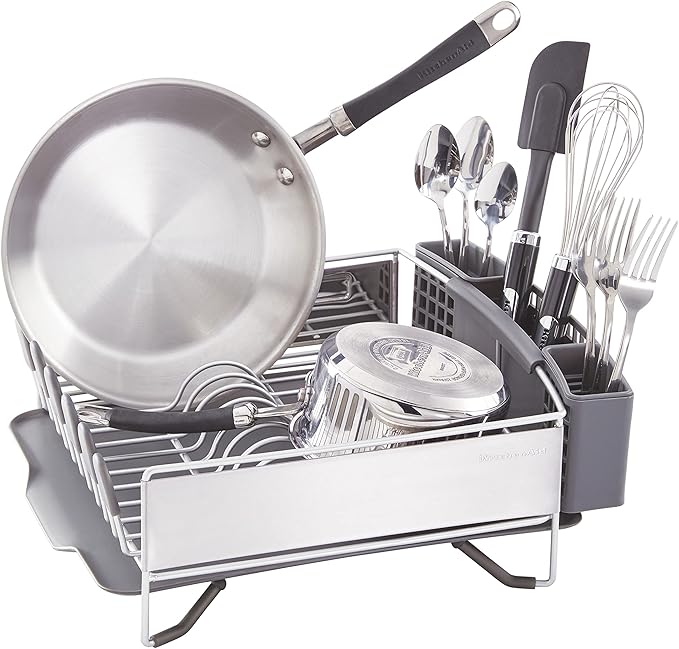 KitchenAid Compact Space Saving, Dish Rack with Removable Flatware Caddy and Angled Self Draining Drainboard, Satin Gray, 15-Inch-by-13.25-Inch - Image 3