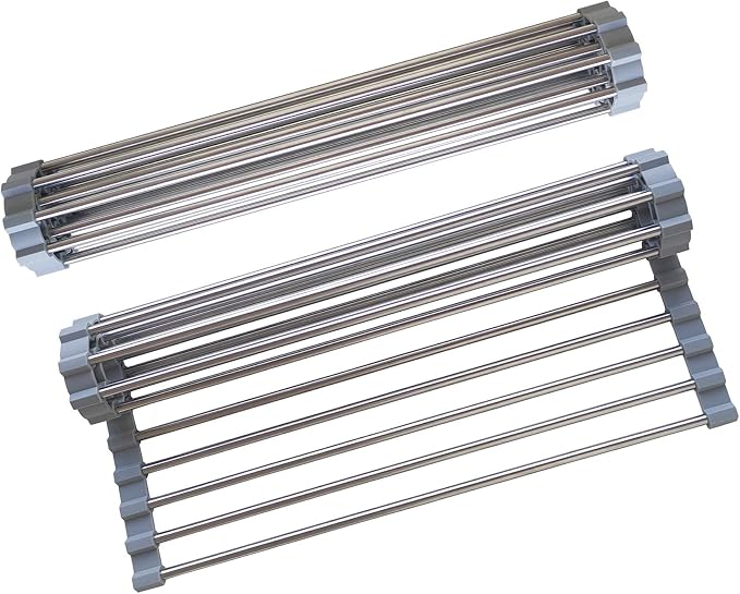 Roll Up Dish Drying Rack, Stainless Steel and Silicone Dish Drying Mat Over The Sink Foldable Drain Rack Multipurpose Dish Drainer for Kitchen, 14.5” x 14”, Gray - Image 5