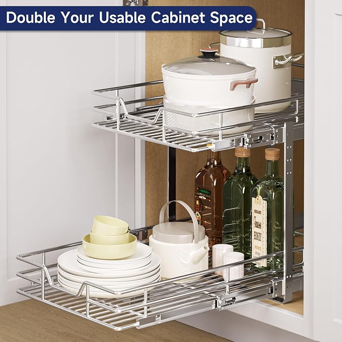 2-Tier Pull Out Cabinet Organizer, 15.5" W x 21.5" D, Heavy Duty Dual Slide Out Shelves for Base Cabinets, Chrome Wire Basket Drawer for Pantry, Kitchen & Bathroom Storage - Image 8