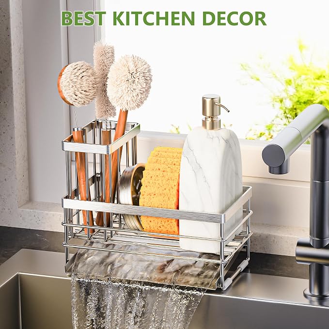 Cisily Sink Caddy Sponge Holder for Kitchen with Brush Holder and Stainless Steel Self Drain Tray, Rustproof Kitchen Sink Organizer for Sponge, Soap Dispenser Storage Accessories - Image 7