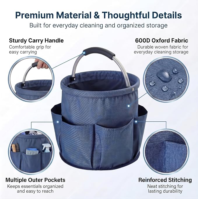 Cleaning Caddy with Handle, Large Supply Organiser 17L with 6 Pockets, Cleaning Products Organiser, Foldable Storage Basket, Portable Cleaning Caddy for Home (Blue) - Image 4