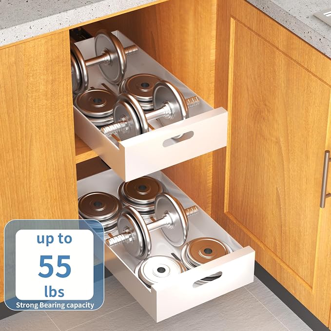 HBL' 2 Pack | 21" Deep Pull Out Cabinet Organizer Adhesive, 10-Inch Wide Sturdy Carbon Steel Roll-Out Drawers, Designed for Frameless Cabinets, Slide-Out Shelves for Pantry. - Image 5