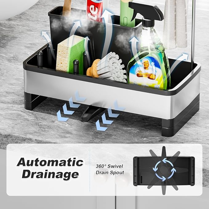 Ewaiira Sponge Holder for Kitchen Sink, Stainless Steel Sink Caddy | with Brush Holder & Dishcloth Rack, Countertop Sink Organizer, Soap Dispenser Kitchen Organizers Storage (D-Black 9.8″) - Image 4