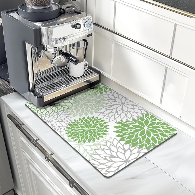 Findosom 2PCS 12" x 20" Dish Drying Mat & 24" x 5.5" Sink Splash Guard, Super Absorbent & Cuttable Dish Mat Drying Kitchen Mat with Green Floral, Hide Stain Drying Mat for Kitchen Counter - Image 8