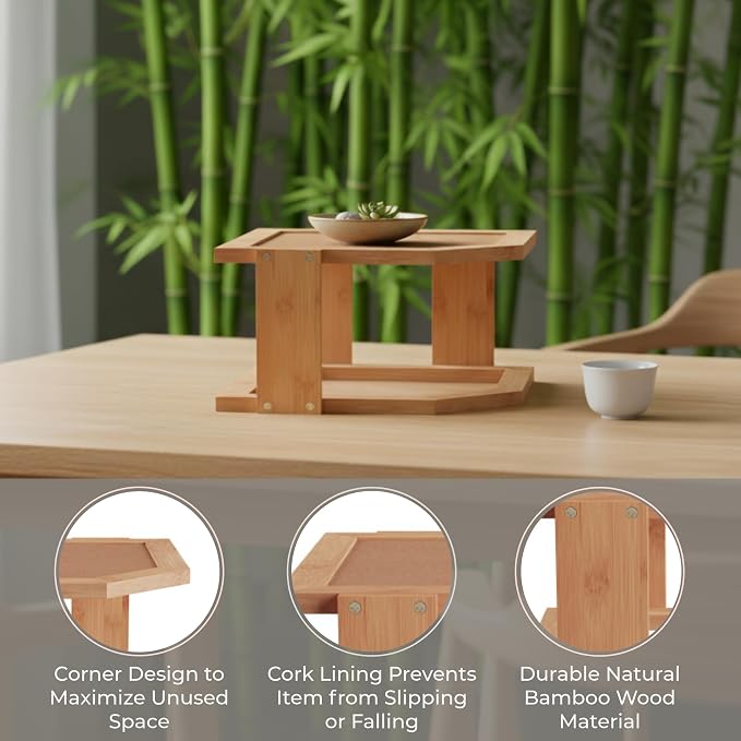 2-Tier Bamboo Corner Shelf for Kitchen or Bathroom Cabinet, Countertop, Cupboard Storage and Organizer, Natural Wood Space Saving Rack by Lavish Home - Image 6