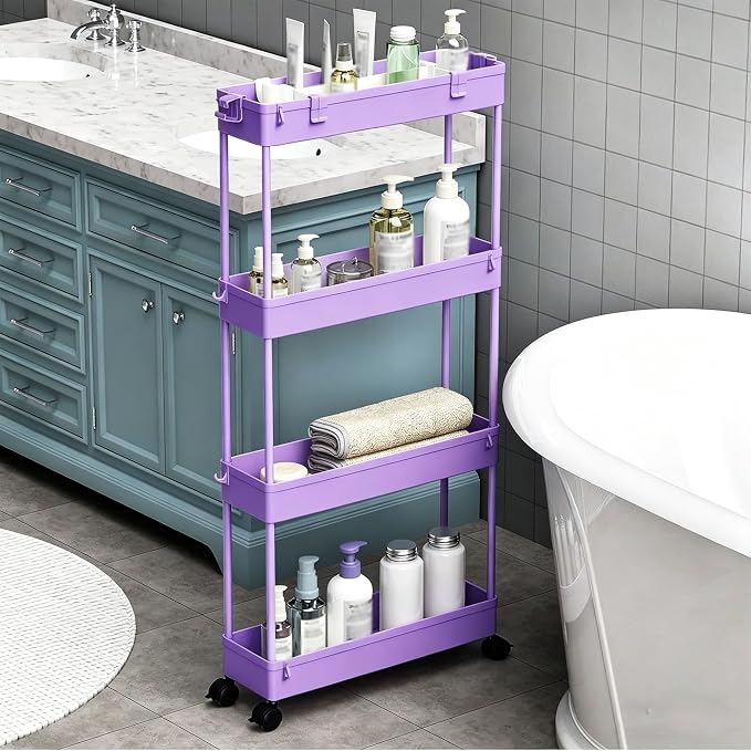 2-piece Set Slim Storage Cart 3 Tier,Bathroom Organizer Rolling Utility,Mobile Shelving Unit Slide Out for Office, Kitchen, Laundry Room & Narrow Places - Image 3