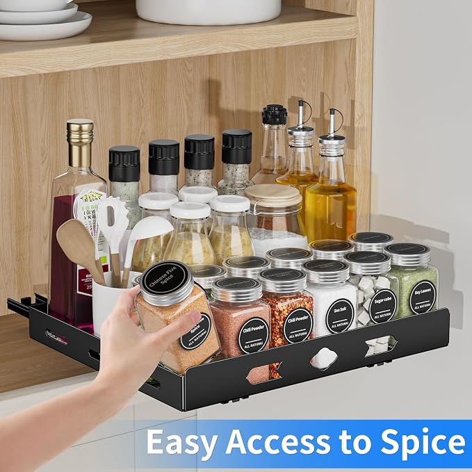 BOIVSHI Pull Out Spice Rack for Cabinet, 12.6" Wx10.5 Dx2.8 H | Metal Heavy Duty Spice Rack Easy to Assembly, 1 Tier Spice Organizer to Save Cabinet Space, Noise-Free Sliding Seasoning Rack - Image 7
