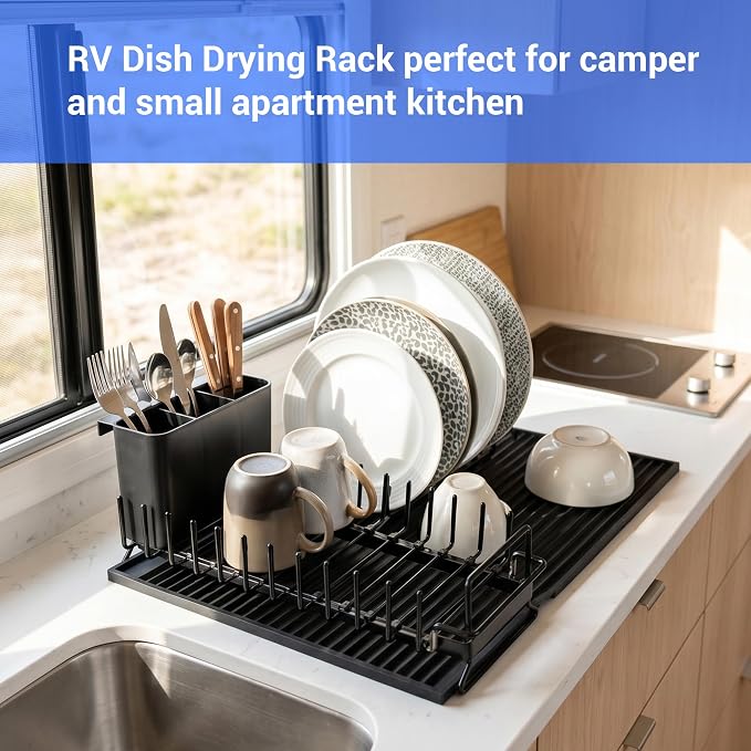 Expandable & Collapsible Dish Drying Rack for Over The Sink and in Sink, Stainless Steel with Silicone Drip Tray, Space Saving Adjustable Dish Rack for Small Kitchen, Apartment & RV - Image 6