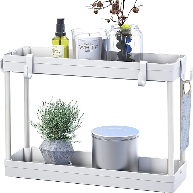 Simple Houseware 2-Tier Under Sink Organizer Storage Tray with Hooks, White - Image 6