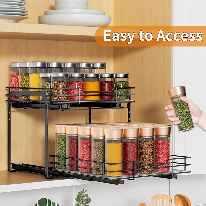 RCHYFEED 2 Tier Pull Out Spice Rack Organizer for Cabinet,11.5"Wx10.5Dx9.5H | Height Adjustable Spice Organization for Cabinet Metal Slide Out Spice Rack Heavy Duty Vertical Spice Rack for Cabinet,Pantry - Image 4
