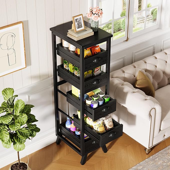 Tribesigns Black Wood Fruit and Vegetable Storage Rack, 5-Tier Narrow Snack Stand Kitchen Stand Fruit Basket, Pull-Out Utility Organizer for Kitchen, Living Room - Image 5