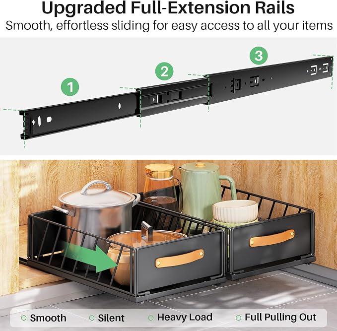 Pull out Cabinet Organizer,Heavy Duty Slide out Pantry Shelves Drawer Storage with Adhesive Nano Film,Sliding Mesh Cabinet Basket with Handle for Kitchen, Bathroom, Home, 9.8"W X 15.7"D X 6.2"H,Black - Image 4