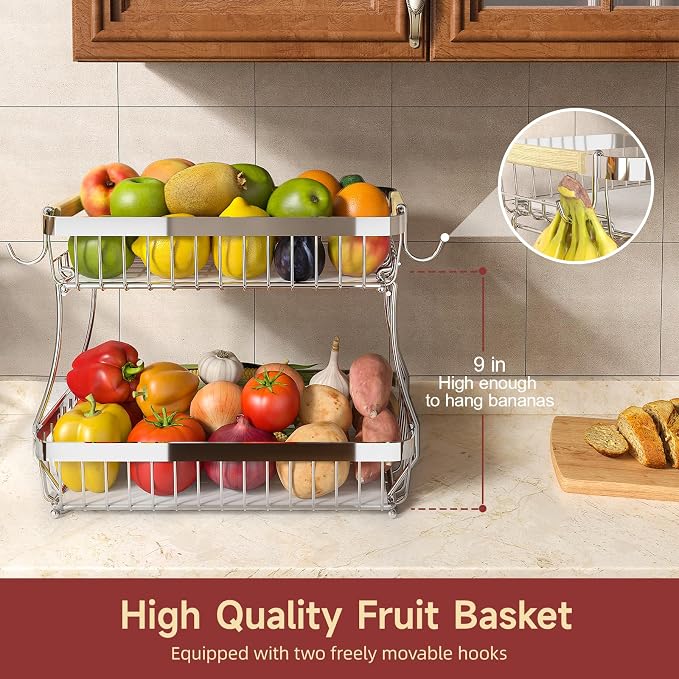2-Tier Fruit Basket with Banana Hangers, Detachable Metal Bowl | Wooden handle, protective mats included. Versatile holder for bread, snacks, and veggies. Extra Large 2 tier metal design. - Image 2