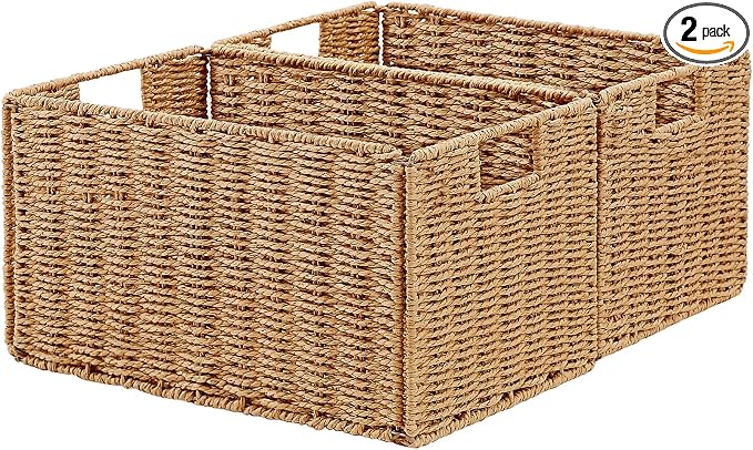 Wicker Storage Basket, Set of 2 Hand-Woven Paper Rope Wicker Basket, Small Storage Baskets for Organizing Toilet Paper Basket, Foldable Large Cube Storage Organizer Bins for Shelves (Natural) by Vagusicc