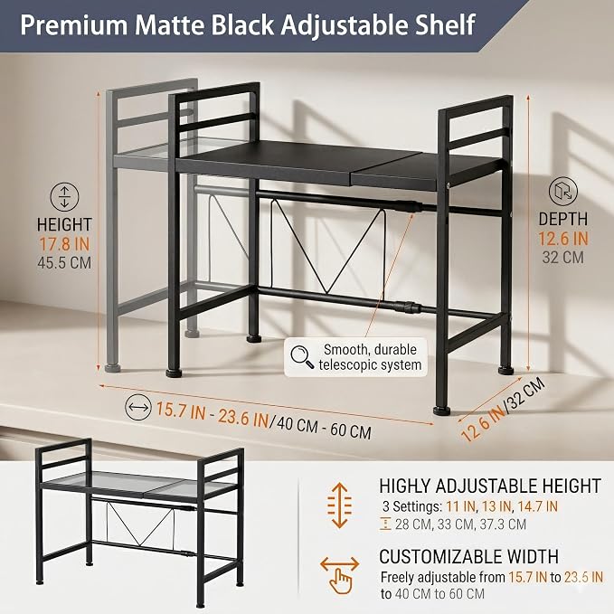 PUSDON Textured Black Microwave Oven Rack, Expandable 2-Tier Kitchen Countertop Organizer, Heavy Duty Carbon Steel Stand with 3 Hooks, Adjustable Height & Length - Image 4