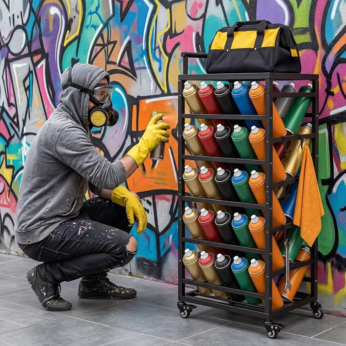 Sidasu Spray Can Organizer,Rolling Cart Garage Spray Paint Storage Rack | 50-Can Capacity, Double-Sided Storage, Locking Casters, Powder-Coated Steel, Tool Tray With 6 Hooks, Garage and Workshop Use - Image 2