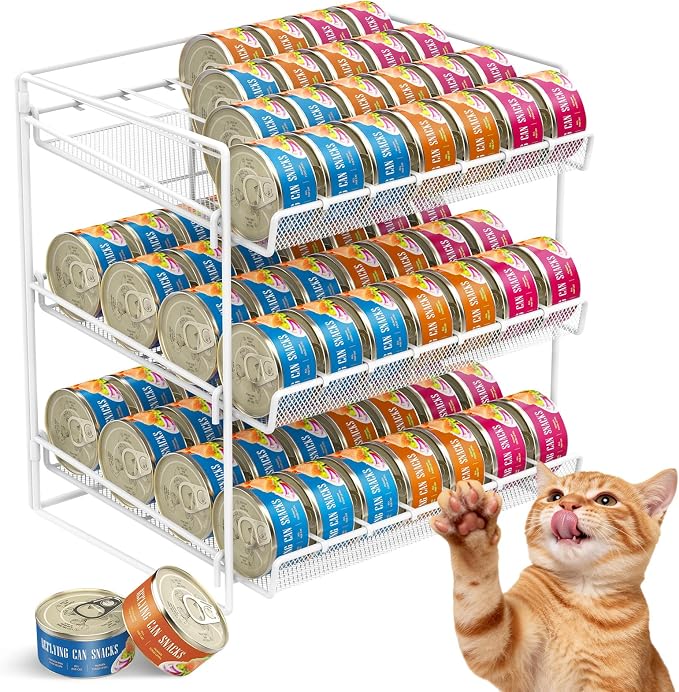 Cat Food Can Organizer 3-Tier Can Organizer for Pantry 84 Cans 3.5oz | White metal 3-tier cat food can organizer,Holds 84 cans 3.5oz,Adjustable pantry countertop storage for kitchen cabinet by REFLYING